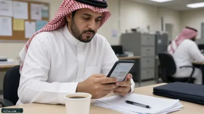 معلم سعودي يستخدم نظام فارس للخدمة الذاتية من هاتفه في غرفة المعلمين