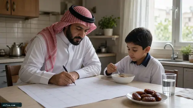 أب سعودي يدوّن مواعيد التقويم الدراسي 1448 مع ابنه على طاولة المطبخ