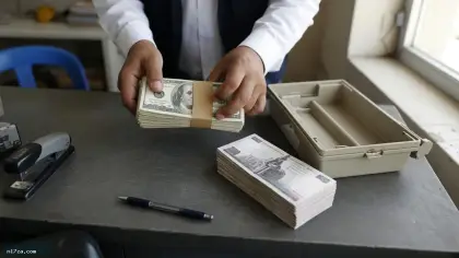 موظف بنك يعدّ أوراق دولار بجوار رزم جنيه مصري على مكتب داخلي قرب الظهر