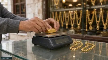 بائع في محل ذهب بجدة يضع سبيكة صغيرة وسلاسل ذهب على ميزان قرب الظهر