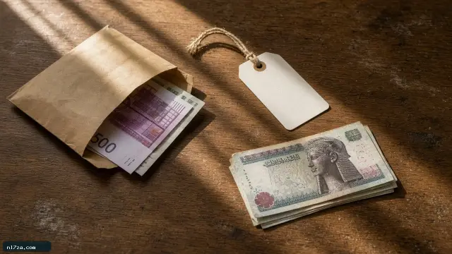 أوراق يورو داخل ظرف بنكي مفتوح بجوار جواز سفر على طاولة مكتب صرافة في ضوء النهار