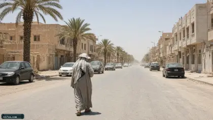 شارع في أسوان وقت الظهيرة تحت شمس قوية وظلال قصيرة لسيارات متوقفة