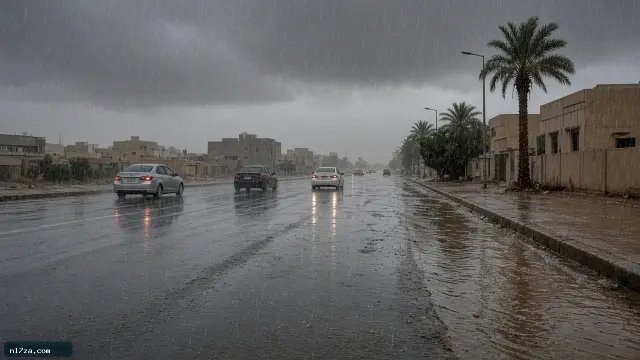 شارع في جازان تحت أمطار رعدية غزيرة ومياه تجري بجوار الرصيف