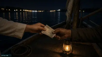يد تناول رزمة أوراق نقدية مطوية ليد رجل على سطح مركب شراعي في النيل ليلًا بجوار فانوس صغير