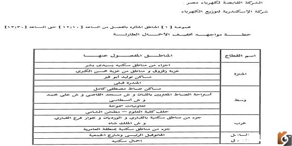 مواعيد قطع الكهرباء في الأسكندرية أغسطس