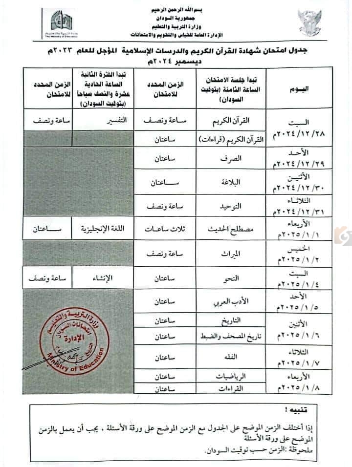 جدول امتحانات الشهادة السودانية 2024