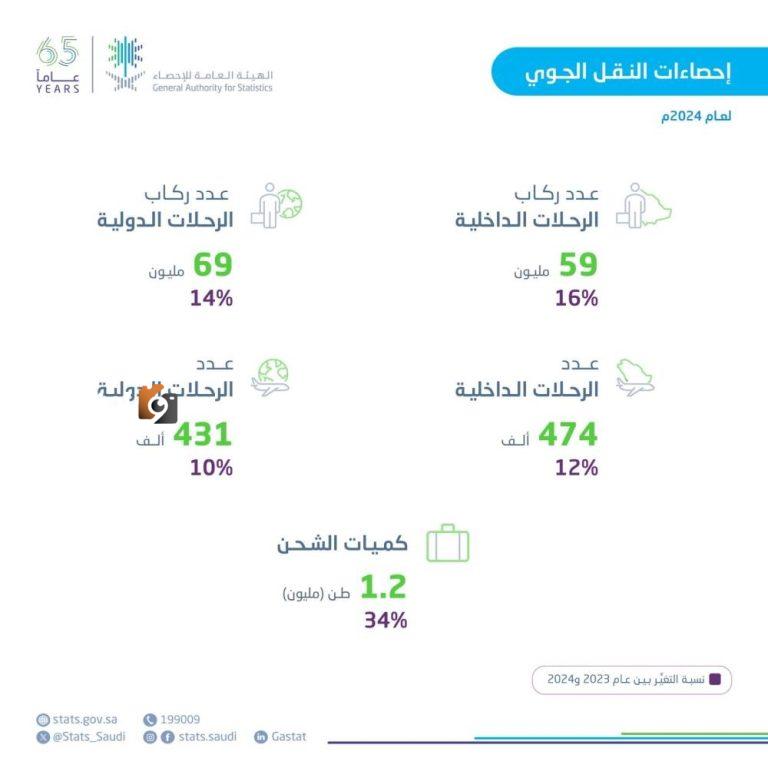 الإحصاء تُصدر بيانات النقل الجوي لعام 2024